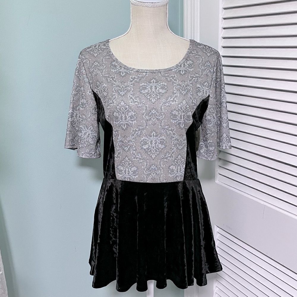 Lularoe elegant Emma black velvet silver glitter short sleeve peplum fancy top